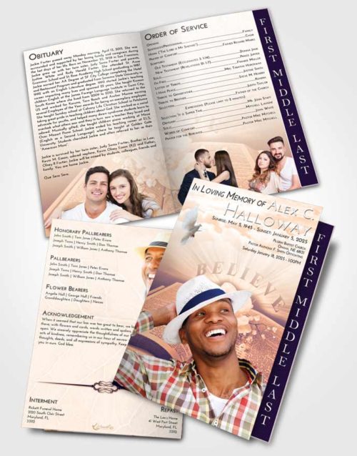 2 Page Graduated Step Fold Funeral Program Template Brochure Lavender Sunset Bible Belief