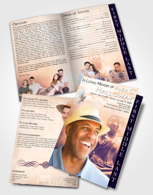 2 Page Graduated Step Fold Funeral Program Template Brochure Lavender Sunset Buddha Desire