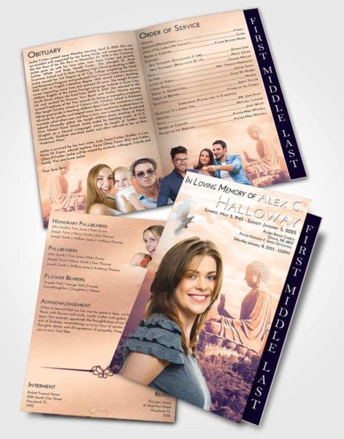 2 Page Graduated Step Fold Funeral Program Template Brochure Lavender Sunset Buddha Surprise