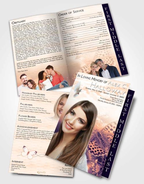 2 Page Graduated Step Fold Funeral Program Template Brochure Lavender Sunset Butterfly Peace