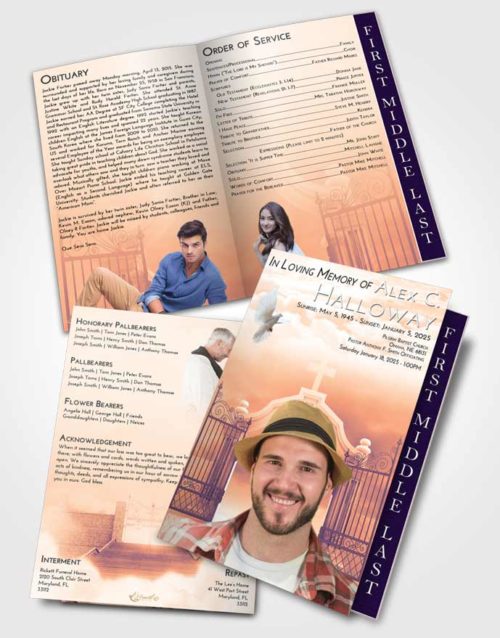 2 Page Graduated Step Fold Funeral Program Template Brochure Lavender Sunset Clear Gates For Heaven