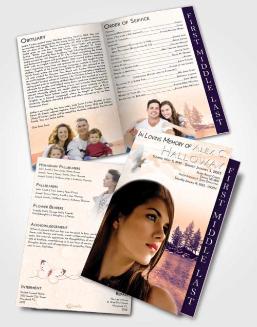 2 Page Graduated Step Fold Funeral Program Template Brochure Lavender Sunset Coral Waters