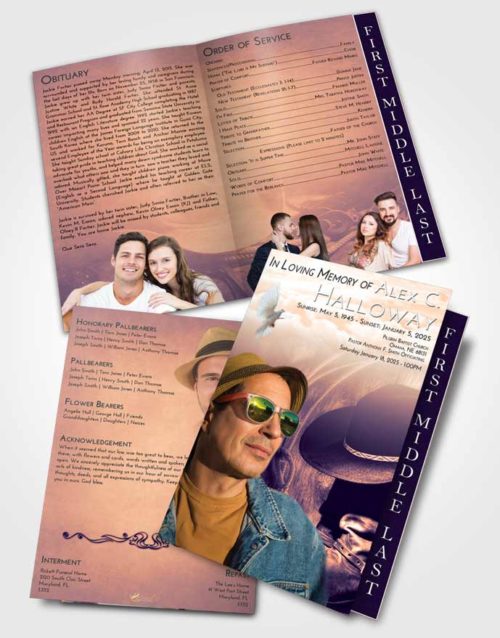2 Page Graduated Step Fold Funeral Program Template Brochure Lavender Sunset Cowboy Desire