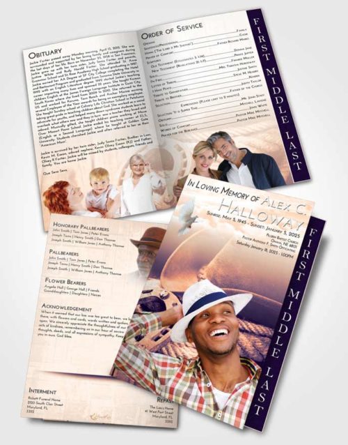 2 Page Graduated Step Fold Funeral Program Template Brochure Lavender Sunset Cowboy Divinity