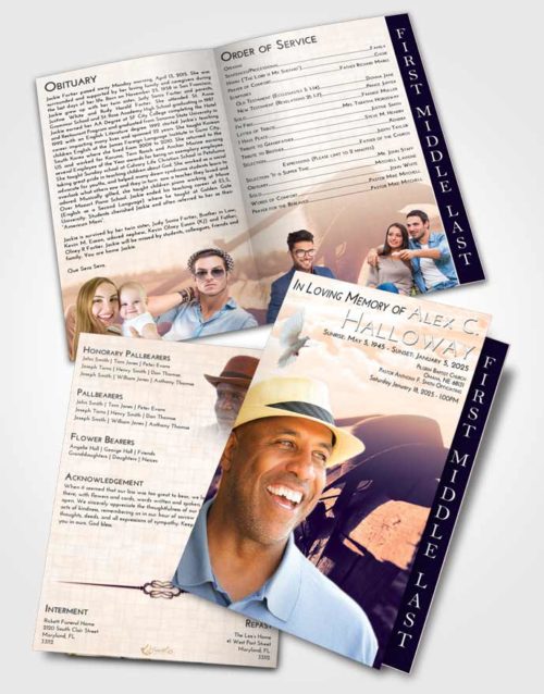 2 Page Graduated Step Fold Funeral Program Template Brochure Lavender Sunset Cowboy Honor
