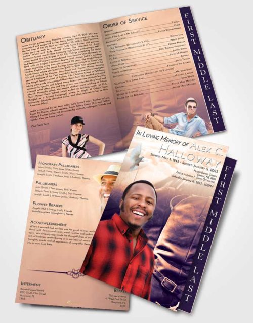 2 Page Graduated Step Fold Funeral Program Template Brochure Lavender Sunset Cowboy Love