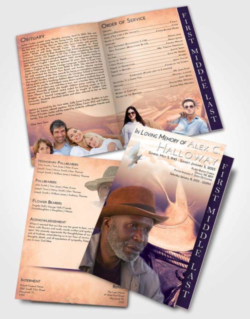 2 Page Graduated Step Fold Funeral Program Template Brochure Lavender Sunset Cowboy Serenity