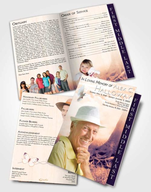 2 Page Graduated Step Fold Funeral Program Template Brochure Lavender Sunset Deep Roots