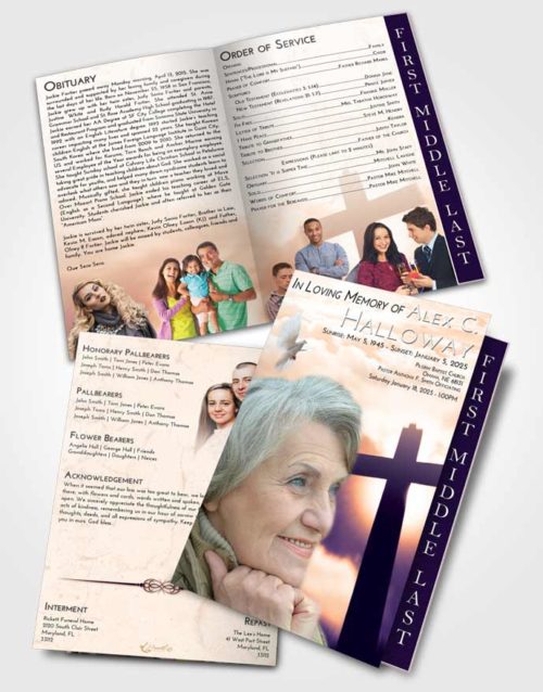 2 Page Graduated Step Fold Funeral Program Template Brochure Lavender Sunset Faith in the Cross