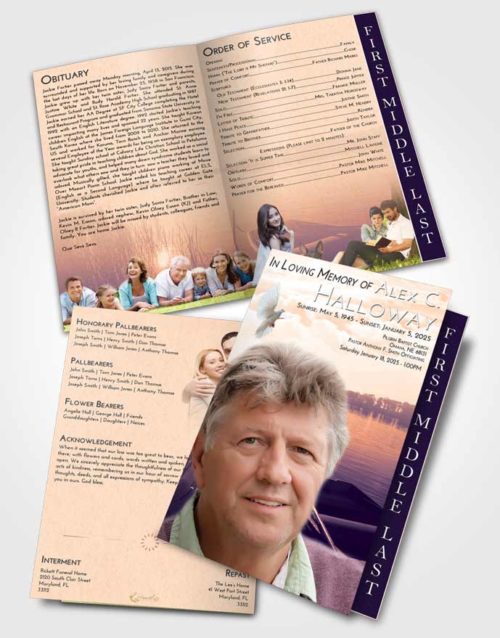 2 Page Graduated Step Fold Funeral Program Template Brochure Lavender Sunset Fishing Boat