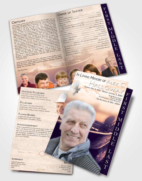 2 Page Graduated Step Fold Funeral Program Template Brochure Lavender Sunset Fishing Life