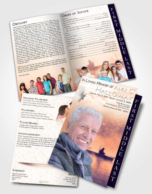 2 Page Graduated Step Fold Funeral Program Template Brochure Lavender Sunset Fishing Tranquility
