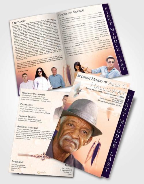 2 Page Graduated Step Fold Funeral Program Template Brochure Lavender Sunset Fishing in the Sea