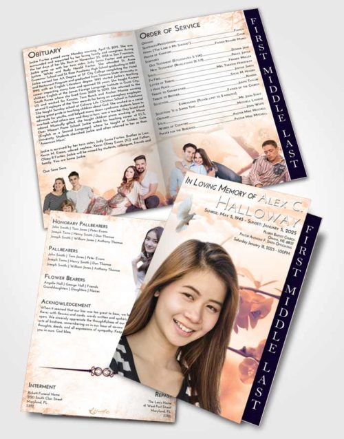 2 Page Graduated Step Fold Funeral Program Template Brochure Lavender Sunset Floral Blossoms