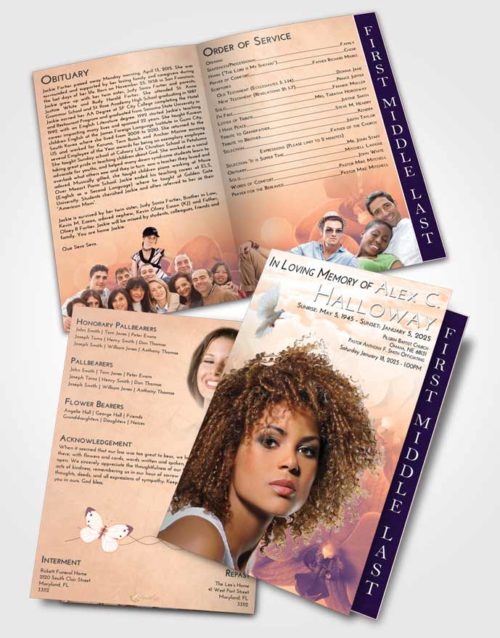 2 Page Graduated Step Fold Funeral Program Template Brochure Lavender Sunset Floral Love