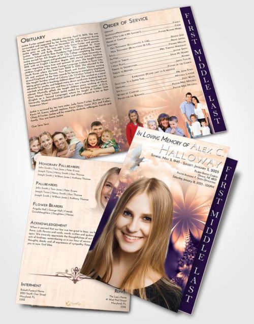 2 Page Graduated Step Fold Funeral Program Template Brochure Lavender Sunset Floral Lust