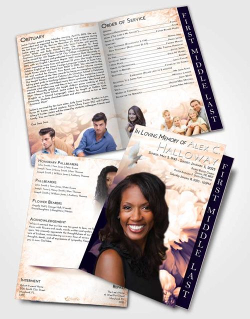2 Page Graduated Step Fold Funeral Program Template Brochure Lavender Sunset Floral Mist
