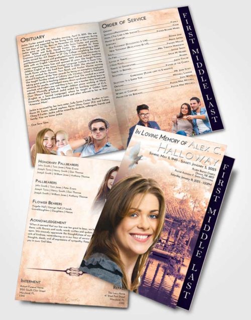 2 Page Graduated Step Fold Funeral Program Template Brochure Lavender Sunset Floral Oriental