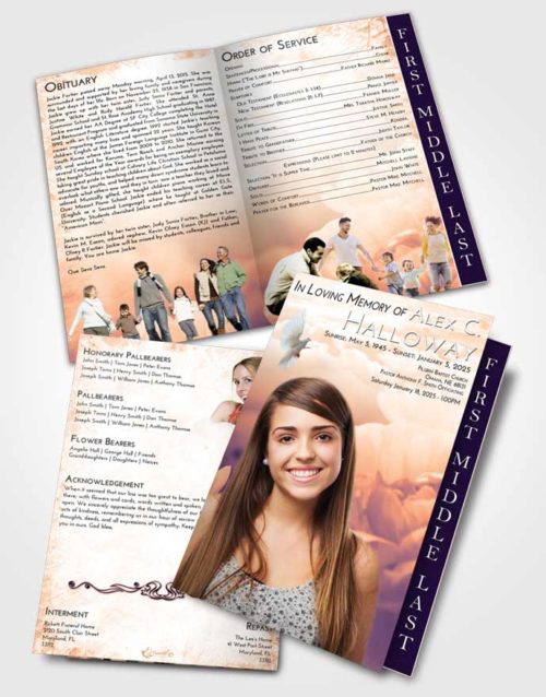 2 Page Graduated Step Fold Funeral Program Template Brochure Lavender Sunset Floral Paradise