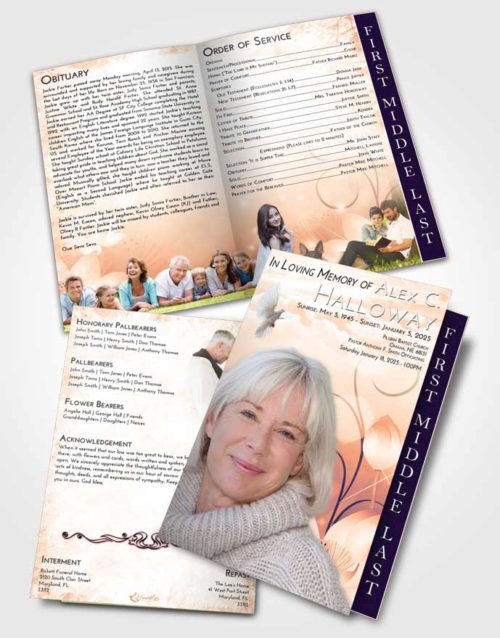 2 Page Graduated Step Fold Funeral Program Template Brochure Lavender Sunset Floral Peace