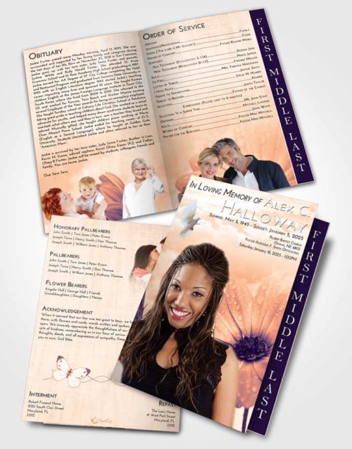 2 Page Graduated Step Fold Funeral Program Template Brochure Lavender Sunset Floral Raindrops