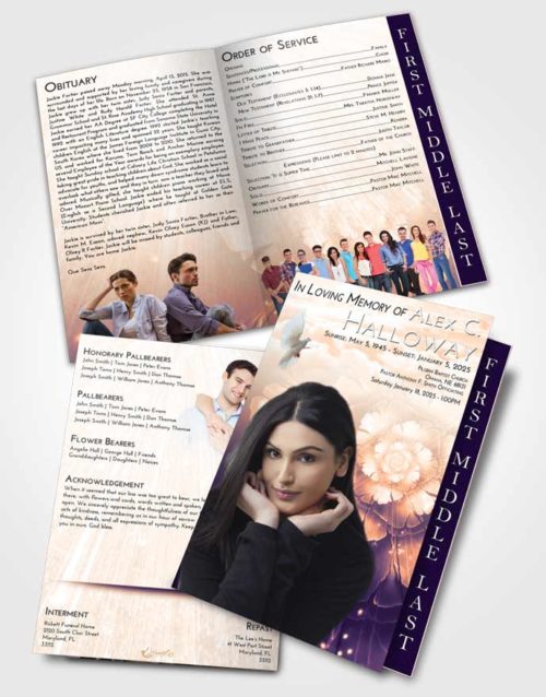 2 Page Graduated Step Fold Funeral Program Template Brochure Lavender Sunset Floral Secret