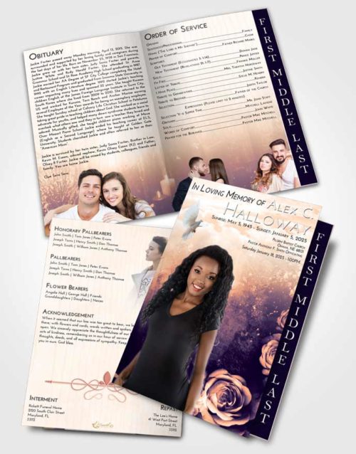 2 Page Graduated Step Fold Funeral Program Template Brochure Lavender Sunset Flowering Garden