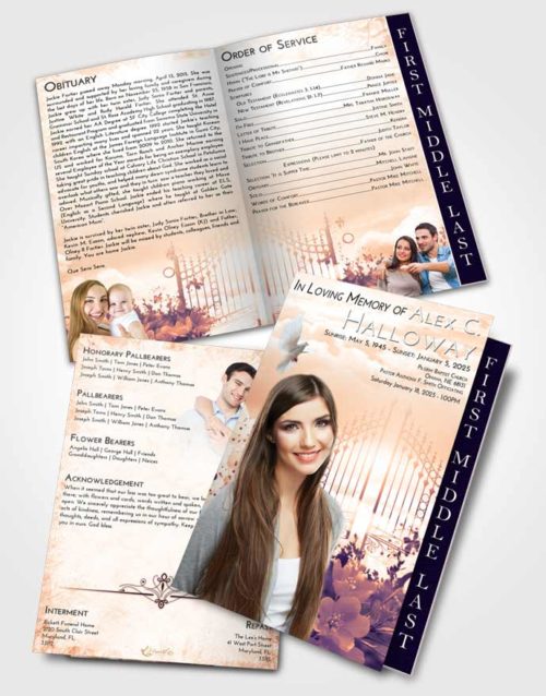 2 Page Graduated Step Fold Funeral Program Template Brochure Lavender Sunset Flowery Gates to Heaven