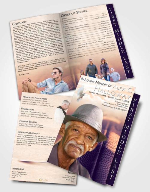 2 Page Graduated Step Fold Funeral Program Template Brochure Lavender Sunset Football Journey