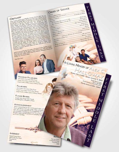 2 Page Graduated Step Fold Funeral Program Template Brochure Lavender Sunset Football Life