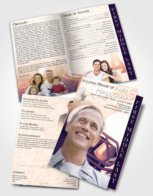 2 Page Graduated Step Fold Funeral Program Template Brochure Lavender Sunset Football Party