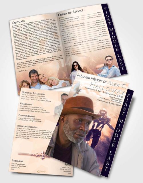 2 Page Graduated Step Fold Funeral Program Template Brochure Lavender Sunset Football Serenity
