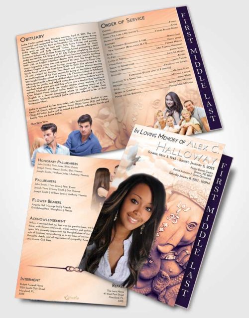 2 Page Graduated Step Fold Funeral Program Template Brochure Lavender Sunset Ganesha Divinity