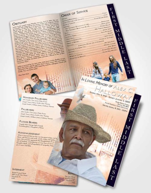 2 Page Graduated Step Fold Funeral Program Template Brochure Lavender Sunset Gates to Heaven