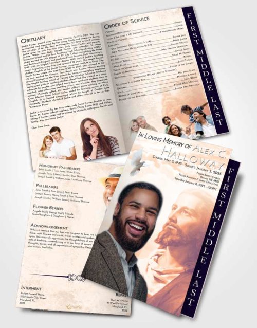 2 Page Graduated Step Fold Funeral Program Template Brochure Lavender Sunset Gaze of Jesus
