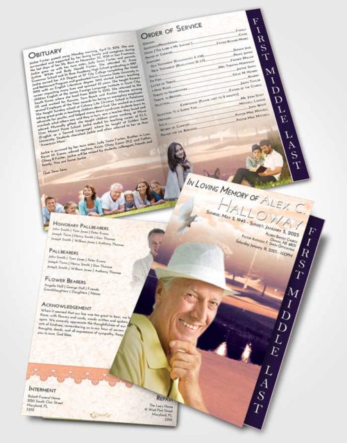 2 Page Graduated Step Fold Funeral Program Template Brochure Lavender Sunset Golf Paradise