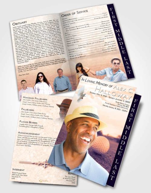 2 Page Graduated Step Fold Funeral Program Template Brochure Lavender Sunset Golfing Honor
