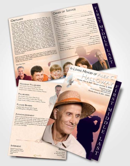 2 Page Graduated Step Fold Funeral Program Template Brochure Lavender Sunset Golfing Peace