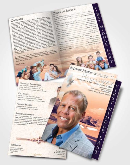 2 Page Graduated Step Fold Funeral Program Template Brochure Lavender Sunset Golfing Sandtrap