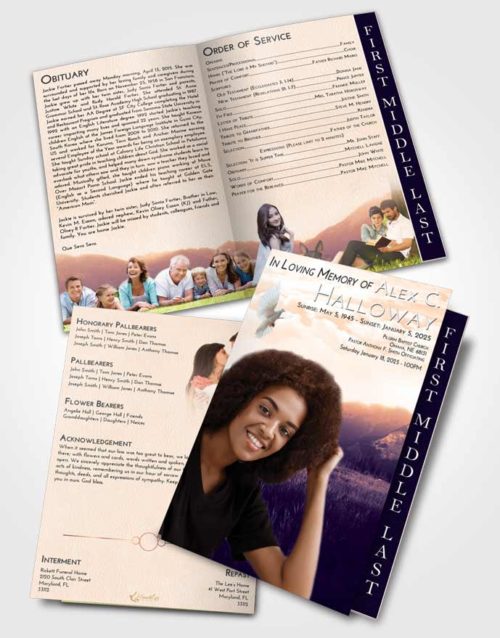 2 Page Graduated Step Fold Funeral Program Template Brochure Lavender Sunset Graceful Mountains