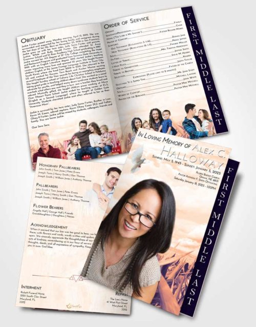 2 Page Graduated Step Fold Funeral Program Template Brochure Lavender Sunset Grassland