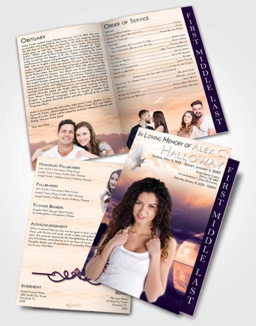 2 Page Graduated Step Fold Funeral Program Template Brochure Lavender Sunset Illuminated Evening
