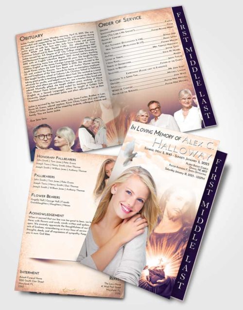 2 Page Graduated Step Fold Funeral Program Template Brochure Lavender Sunset Jesus Christ