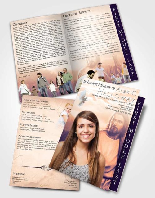 2 Page Graduated Step Fold Funeral Program Template Brochure Lavender Sunset Jesus Prayers