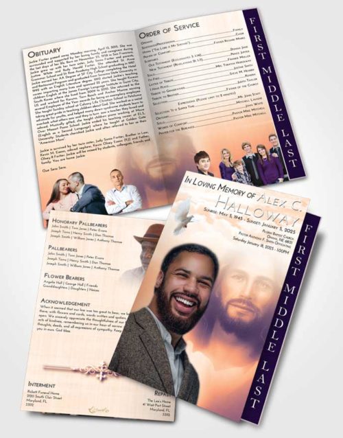 2 Page Graduated Step Fold Funeral Program Template Brochure Lavender Sunset Jesus in Heaven