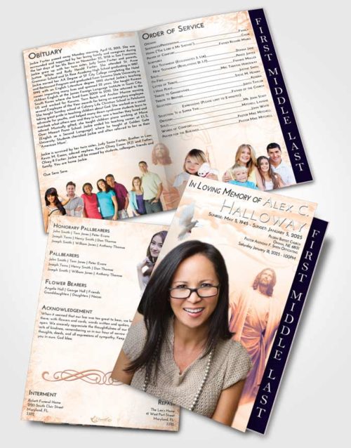 2 Page Graduated Step Fold Funeral Program Template Brochure Lavender Sunset Jesus in the Clouds