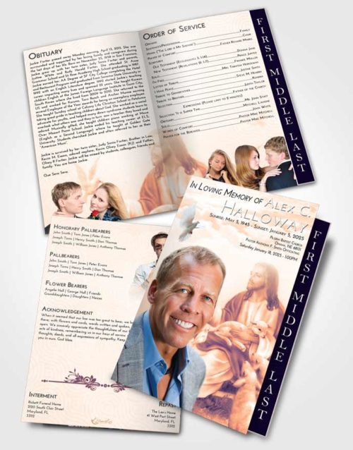 2 Page Graduated Step Fold Funeral Program Template Brochure Lavender Sunset Jesus in the Sky