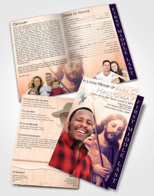 2 Page Graduated Step Fold Funeral Program Template Brochure Lavender Sunset Jesus the Savior