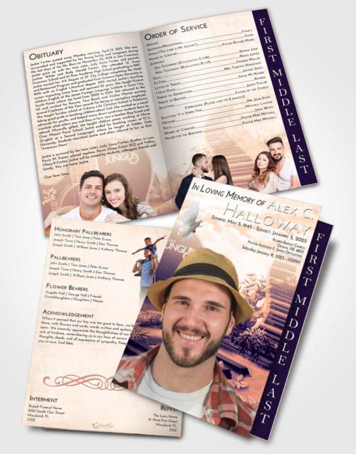 2 Page Graduated Step Fold Funeral Program Template Brochure Lavender Sunset Jungle Music