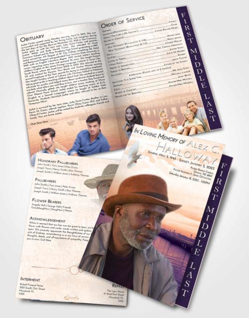 2 Page Graduated Step Fold Funeral Program Template Brochure Lavender Sunset Lake Drive